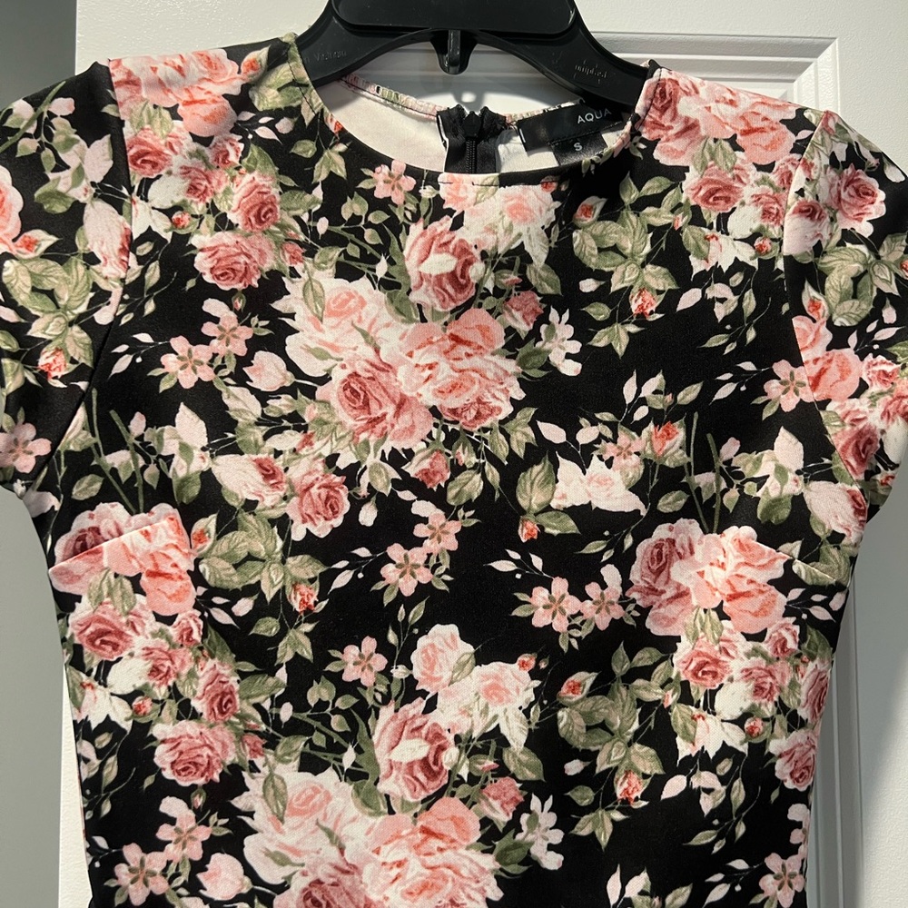 Aqua Black Dress Pink Floral size S fits like XS Flounce Hem Worn Once EEUC - Picture 3 of 11